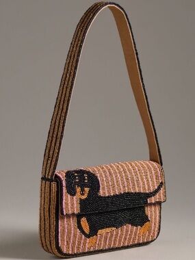 New! Fiona Dachshund Beaded Bag by Anthropologie, Brown, Pink, & Black